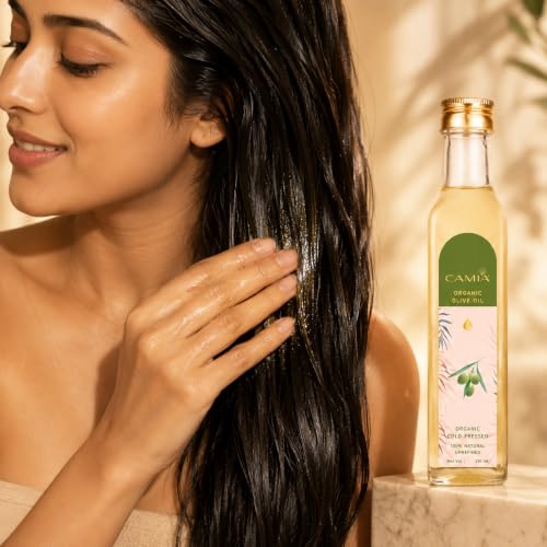 Image of CAMIA - Organic Cold Pressed Olive Oil for Skin & Hair | Natural Skincare & Hair Treatment | Strengthen Hair Roots & Deeply Moisturizes Skin | 250 ML Glass Bottle