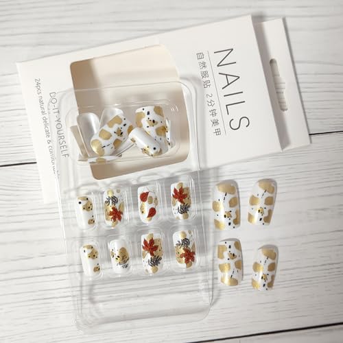 Fall Nails Press on Nails Short Square Fake Nails Thanksgiving Acrylic Nails with Fall Leaf Design Autumn Maple Leaf Decoration Gold Glossy Thanksgiving False Nails Stick on Nails for Women Girls - Image 4