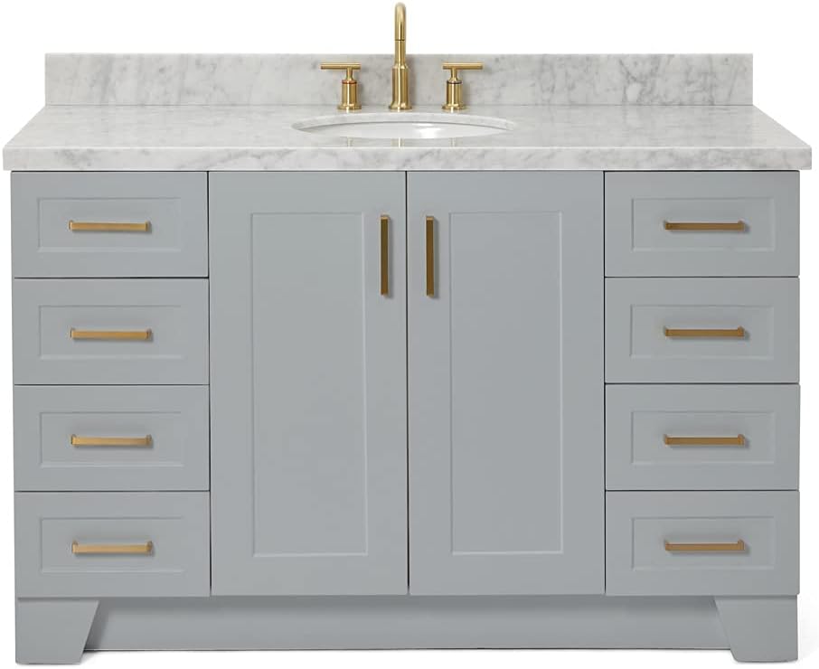 ARIEL Taylor 54-inch Bathroom Vanity with Sink,Solid Wood, 1.5-inch Italian Carrara Marble Countertop & Backsplash, Single Oval Porcelain Sink, 2 Soft Closing Doors, 9 Dovetail Drawers, Grey