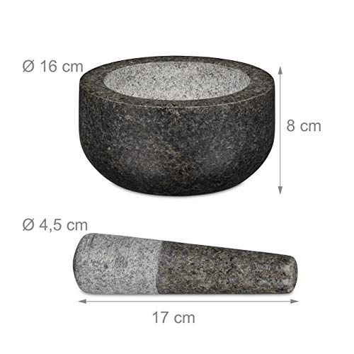 Foto von Relaxdays Granit Mörser mit Stößel, robust & langlebig, Gewürze, Kräuter, polierter Steinmörser, Ø 16 cm, 400 ml, grau, 8 x 16 x 16 cm