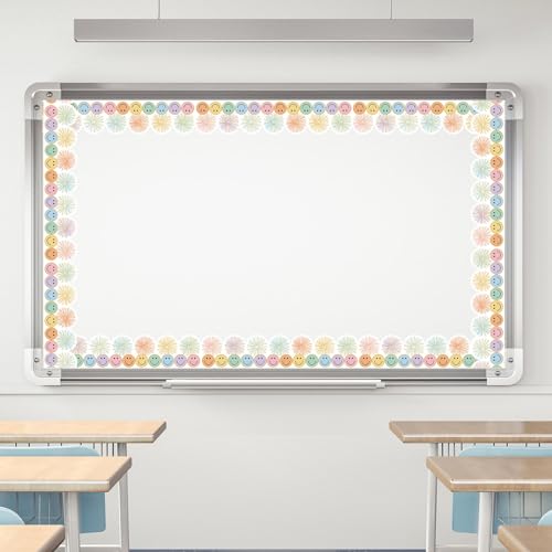 Image of Whaline 32.8 Ft Preppy Pastel Smile Face Bulletin Board Borders Colorful Firework Poms Scalloped Die-Cut Rolled Border Trim for Back to School Classroom Office Chalkboard Decoration