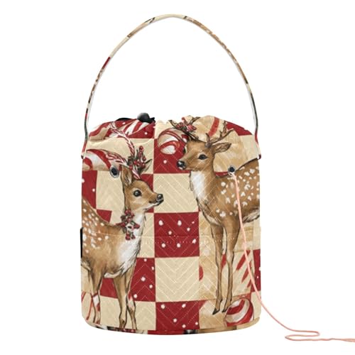 Image of Tatenale Crochet Bag Yarn Bag Knitting Project Bag with Pockets and Handle Portable Yarn Storage Organizer Tangle Free 8.3x11 InchChristmas Deers Checkered Red Candy Canes41