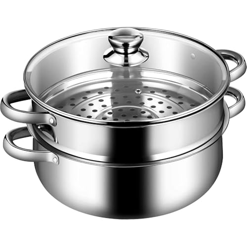 TABBOOT 2-Tier Stainless Steel Steamer For Cooking 7-Inch Multi-Layer Steamer Pot With Handles On Both Sides Steamer Capsule Bottom With Glass Lid - Dumpling Steamer Food Steam Pot Veggie Steamer