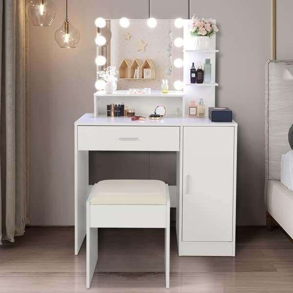 Vanity Desk Makeup Dressing Table with LED Lighted Mirror Cushioned Stool Set,3 Color Lighting Modes,Makeup Vanity Desk With 3 Storage Shelves,1