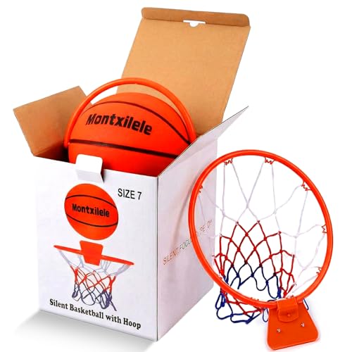 Montxilele Silent Basketball Size 7 (29.5) Airless Foam Basketball for Quiet Indoor Dribbling & Training Realistic Feel with High Bounce Includes Wall-Mounted Indoor Basketball Hoop Set