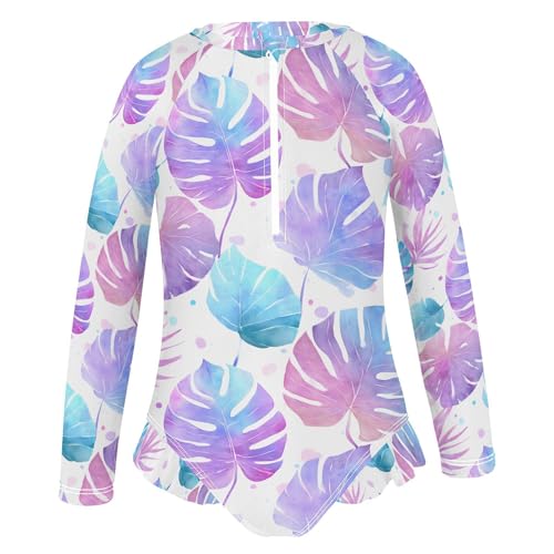 ALAZA Tropical Palm Leaf Dot Girls One Piece Swimsuit Long Sleeve Rash Guard Swimsuits UV 50+ Swimwear Zipper2