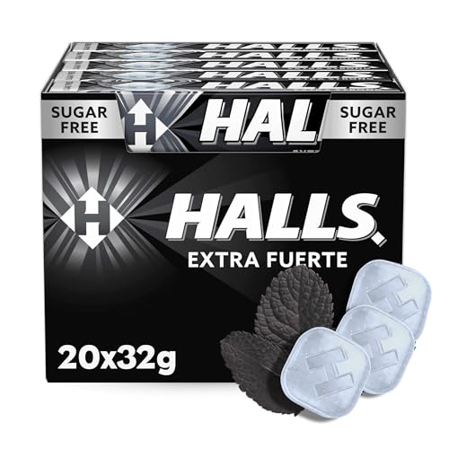 Caramelos Halls extra Fuerte, Caramelo con sabor a Menta, Caramelo sin azucar, el Halls de toda la vida, sabor intenso y delicioso, Sin gluten, Contiene 1 caja con 20 paquetes de caramelos de 32 g