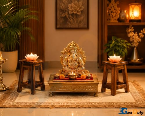 Image of Teakwood Mini Wooden Stool Plant Stand, Small 9.5cm Decorative Pedestal Risers, Handcrafted Teak Wood Candle & Accessory Display Holder for Tabletop Home Decor (Brown, 1pc)