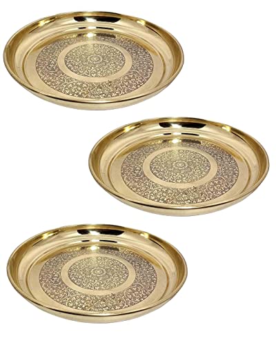 Image of A & H ENTERPRISES Brass Dinner Thali 11 Inch (27 cm) | Heavy Duty Round Brass Plate for Dining, Serving & Pooja | Etching Flower Design Traditional Khumcha Plate (Set of 3 Pc)