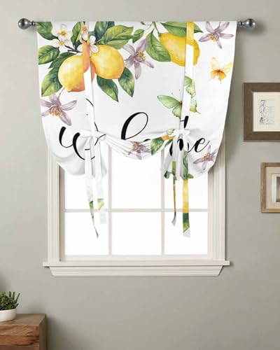 Yellow Lemon Tie Up Curtains for Windows 54 Inch Length Balloon Curtains Kitchen Adjustable Balloon Window Shade Floral Flower Butterfly Watercolor White Tie Up Valance Bathroom Curtain Window 42