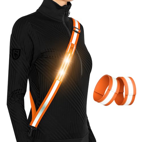 LED Reflective Running Gear High Visibility Reflective Belt Sash with Armband for Walking at Night,Adjustable Running Safety Gear Light Up Running Belt for Runners Walkers Men Women (Orange)