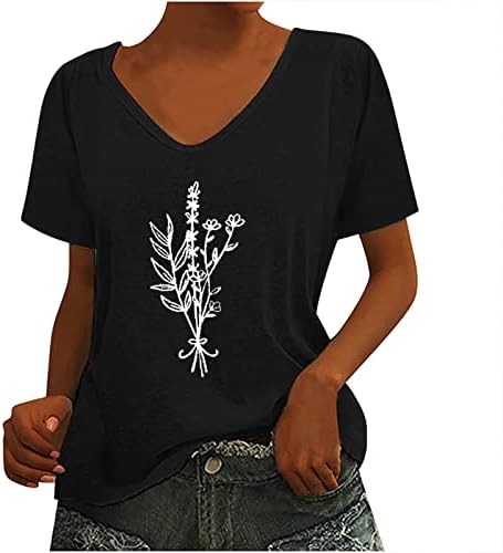 Summer Tops for Women Vintage Graphic Tees Short Sleeve V Neck Basic Tee Retro Herb Print Teen Girls Casual Tunic Tops Black