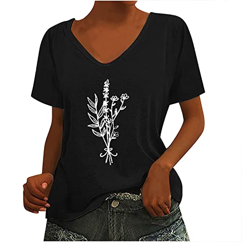 Summer Tops For Women Vintage Graphic Tees Short Sleeve V Neck Basic Tee Retro Herb Print Teen Girls Casual Tunic Tops Black #TOP3