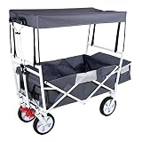 Faltbarer Handwagen mit abnehmbarem Dach & Teleskopgriff, 2 Netztaschen & Kühltasche | Bollerwagen Transportkarre Gerätewagen | Vorderrad-Bremse | klappbar | Vollgummi-Reifen | bis 100 kg Tragkraft
