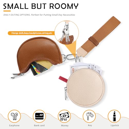 Dual Pouch Wristlet Keychain Wallet Double keychain wallets Mini Pouch Coin Purse Women Coin Detachable Wrist Zip Bag (Pinkg&Brown)2