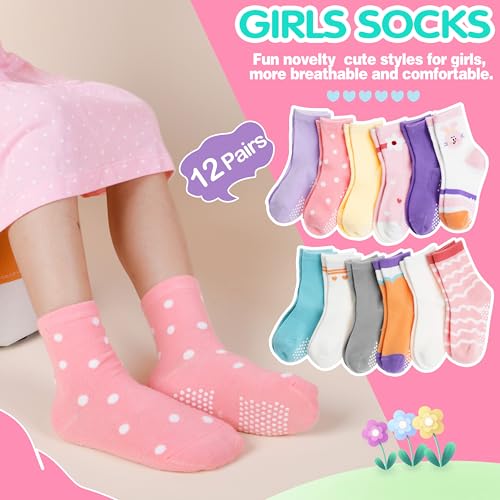 Image of Welwoos Baby Girls Toddlers Grips Socks 12 Pairs Kids Anti Slip Non Skid Animal Funny Cartoon Crew Breathable Cotton Socks