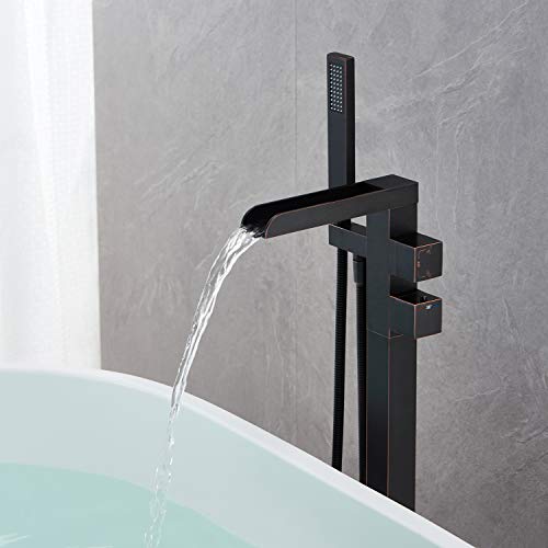 Wowkk Thermostatic Freestanding Bathtub Faucet Waterfall Tub Filler Oil Rubbed Bronze Floor Mount Brass Bathroom Faucets With Hand Shower #TOP3