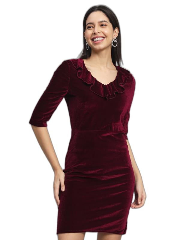 Image of V-Neck Party Dress for Women Bodycon | Shiny Velvet Half Sleeves Above Knee Length Outfit