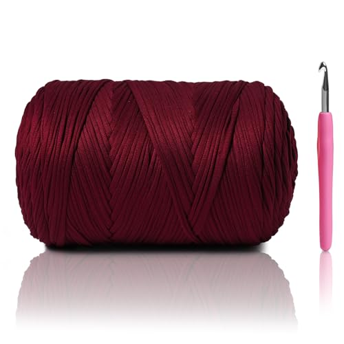 Image of 800G (228YDS) T-Shirt Yarn for Crocheting, Chunky Yarn for Beginner to Expert, Burgundy, Polyester Blend
