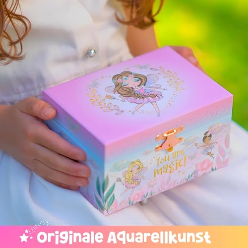 Giggle & Honey Musikalische Fee Schmuckkästchen für Mädchen - Kinder Musik-Box mit Fee und Spiegel, Geburtstagsgeschenke für Mädchen, Kinder-Schmuck-Boxen für Altersgruppen 3–10-15,2 x 11,8 x 8,9 cm