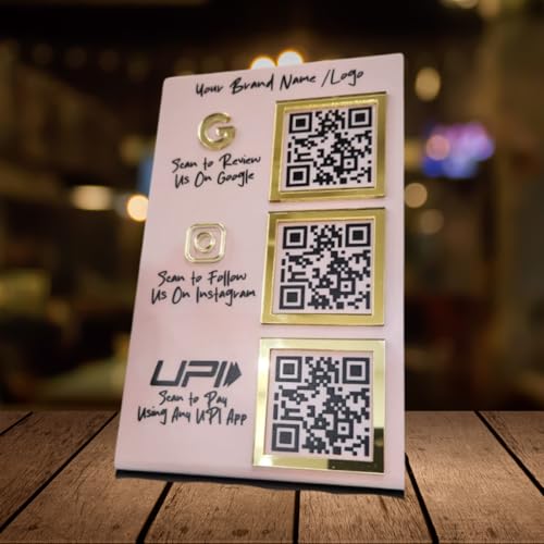 Image of Custom Combo 3-in-1 Standee | QR Enabled | Connect Review, Instagram, UPI QR | 5x8 Inch Golden Premium With 3 QR