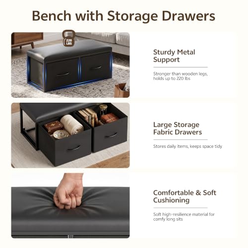 Double Lift Top Coffee Table Set with Bench, Rustic Brown, 31.5 in | 4-in-1 Multi-Function Coffee Table w/2 Storage Fabric Drawers, Dual Lifting Center Table w/Hidden Compartments, Steel Legs - Image 5