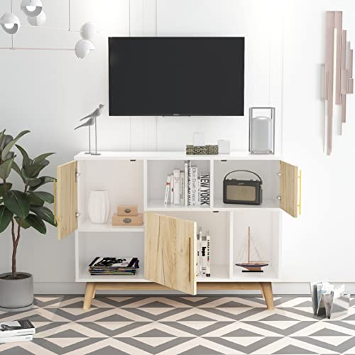Wersmt 39 Inch Multifunctional White Wood Legs Sideboard 6 Area Storage Space For Kitchen, Dining Room, Entryway, Living Room Cabinet, White & Oak #TOP2