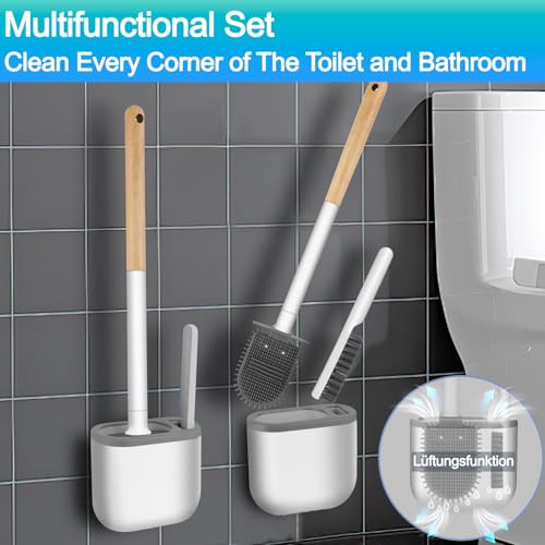 Image of Toilet Brush and Holder-Flexible Toilet Bowl Brush Head with Silicone Bristles, Wall Mounted Nail-Free Installation, Multifunctional Gap Brush, Ventilation Slots Base (2 Pack, Wood)