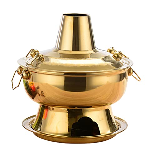 INUUXLG Traditional Chinese Copper Hot Pot, Vintage Hot Pot Shabu-Shabu Hotpot Pan with for Burning, Stainless Steel Chinese Cooker Soup Pot Cookware for Family