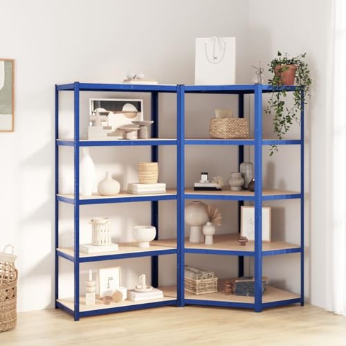 ShGaxin Estantería 5 Niveles 2 uds, Estanterias Almacenaje, Estanterias Trastero, Estantería Garaje, Estanteria Almacen, Estantes para Herramientas, Acero y Madera contrachapada Azul