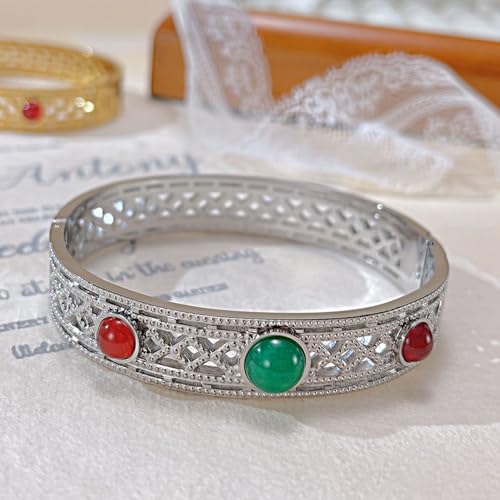 Image of Fashion Vintate Natural Turquoise Stone Bracelet Stainless Steel Hollow Out Cuff Bracelet