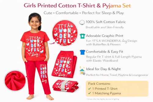 Image of NammaBaby Girl's Soft Cotton Night Suit (Printed T-Shirt & Pant Set /Girls Night Dress /Nightwear) Pack of 1