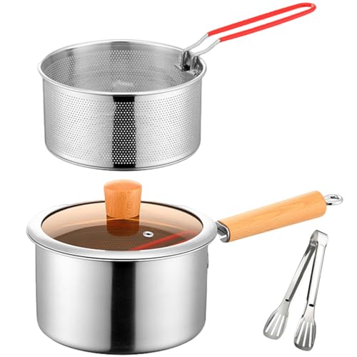 Bratopf, 304 Edelstahl -Fritteuse -Topf mit Siebkorb und Griff, Mini Herd Top Frittyer mit sichtbarem Deckel und Zange für Braten -Fisch -Garnelen -Pommes, Herd Top Fryer Mini Friteuse – Bild 3