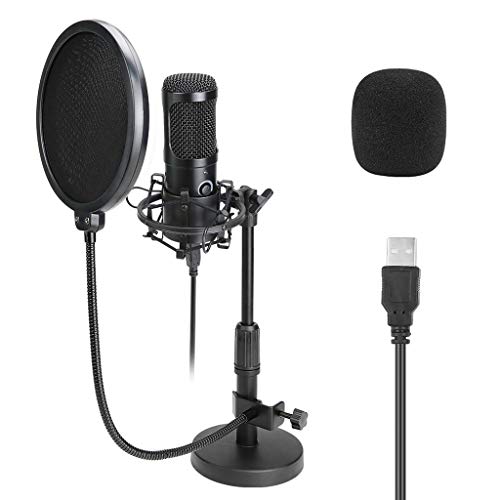 JJZXD PCのための卓上USBマイクカラオケスタジオコンデンサーマイクロフォンコンピューターストリーミングレコーディングマイクスタンドポップフィルター
