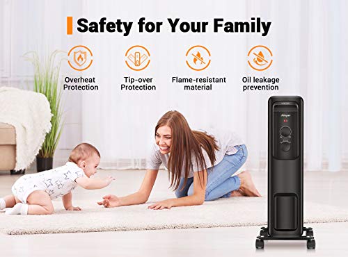 Space heater, Aikoper 1500W Oil Filled Radiator Heater with 3 Heat Settings, Adjustable Thermostat, Quiet Portable Heater with Tip-over & Overheating Functions for Home, Office, Black