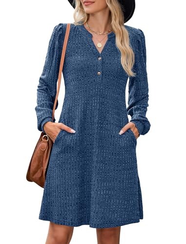 24% off - ZAFUL Womens Long Sleeve Fall Dresses with Pockets V Neck Button Casual Bodydoll Knit Sweater Dress...