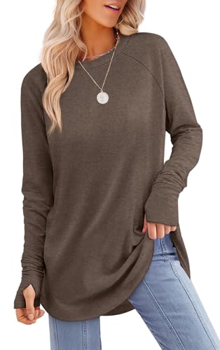 Image of XIEERDUO Womens Tunic Tops to Wear with Leggings Long Sleeve Thumb Hole Shirts Crew Neck Curved Hem