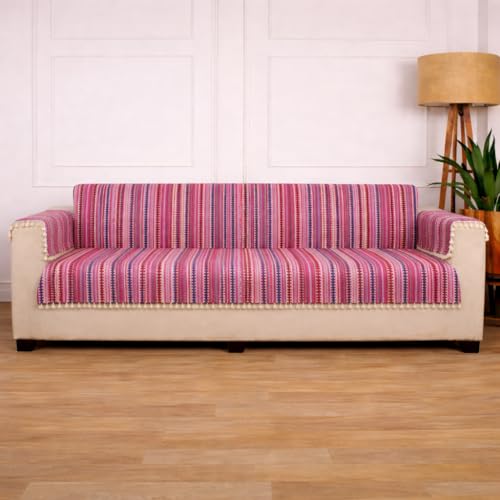 Image of Gifts Island 4 Seater Cotton Sofa Cover Mat | Anti Slip Sofa Cover Throw | All Over Furniture Protector with Elastic Straps | Washable Couch Cover for Living Room (Pink, 4 Seater)