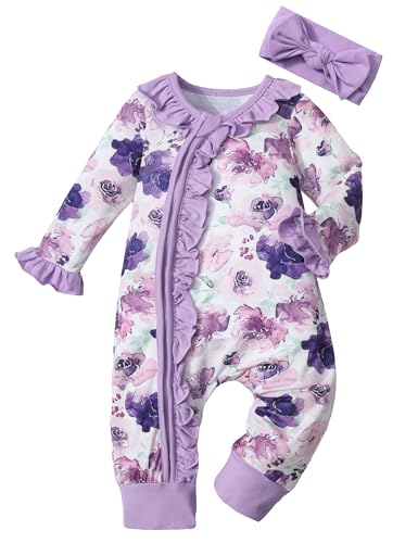 Image of Infant Newborn Baby Girl Clothes Onesies for Baby Girl Long Sleeve Ruffle Baby Clothes with Headband Baby Clothes for Girls