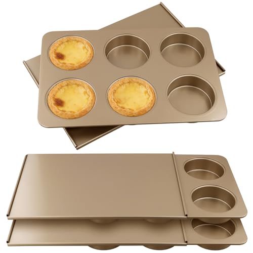 YAUFWUA 3 Pack 6 Cup Muffin Pan with Lid Carbon Steel English Muffin Top Pans Nonstick Hamburger Burger Bun Mold Jumbo Baking Pan for Sandwich Quiche Pancake Gold