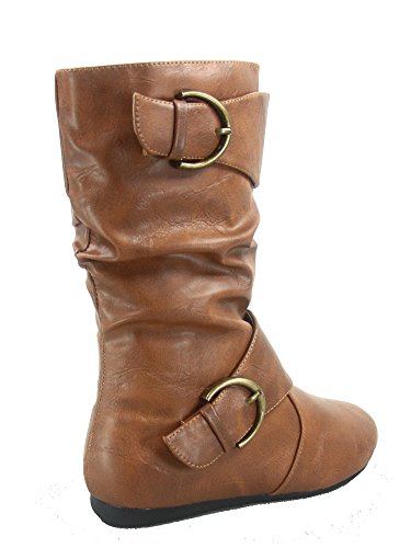 Link Klein-80K Girl's Kid's Cute Faux Leather Two Buckle Zipper Flat Heel Mid Calf Boot Shoes3