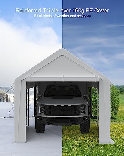 DEXSO Carport 13'x20' Portable Garage, Heavy Duty Carport Canopy, Reinforced Steel Poles, 4 Roll-up Doors & 4 Windows, for Pickup, Boat, and Equipment, White