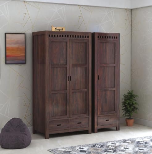 Image of Ganpati Arts Solid Sheesham Wood Armania Dual Storage Wardrobe with Door and Drawer for Bedroom Living Room Home Almirah for Clothes | Wooden Home Furniture (Walnut Finish) 1 Year Warranty
