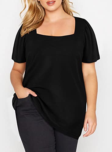 Eytino Plus Size Tops for Women Square Neck Puff Sleeve Summer Casual Loose Blouse Shirts(1X-5X)2