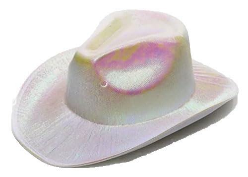 jokeshop Adult Holographic Glitter Cowgirl Hat Fancy Dress Texan Metallic Space Cowboy Hat Party Festival Accessory (White)