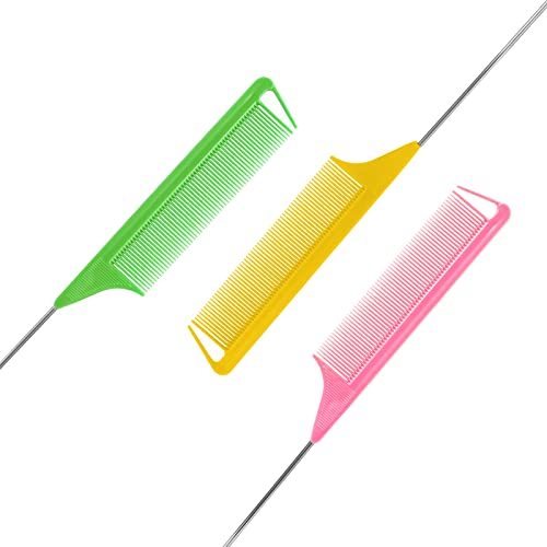 Rat Tail Combs Parting Comb: 3Pcs Rat Tail Comb Set, Long Steel Pin Rat Tail Teasing Comb, Hair Combs For Salon Hair Stylist, Tail Combs Metal,Parting Combs For Women(Green|Yellow|Pink) #TOP2