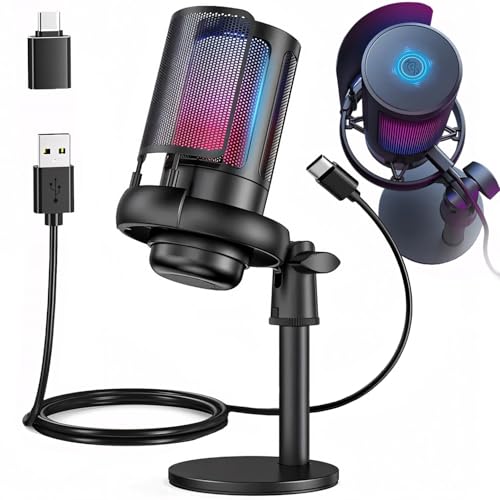 Retoo Gaming Mikrofon RGB, USB Mikrofon mit EIN-klick-Stummschaltfunktion, Rauschunterdrückung, Lautstärkeregler, Popfilter, Plug&Play, für PC, PS4, PS5, Streaming, Podcast, Studio, YouTube, Schwarz