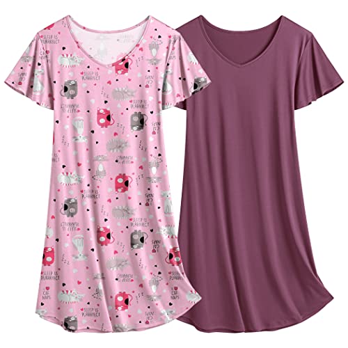 Image of Ekouaer 2 Pack Nightgowns for Women Short Sleeve Nightshirt Soft Sleepdress