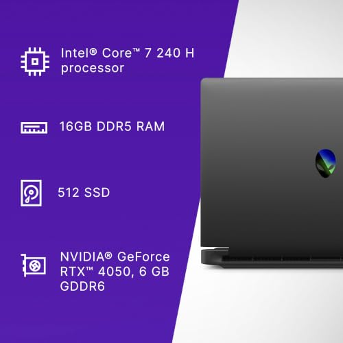 Image of Dell Alienware 15 Gaming Laptop, AI Enabled Intel Core 7 240H Processor, 16GB:512GB, NVIDIA 4050, 6 GB GDDR6, 15.3 inch WUXGA 165Hz 300nits, Alienware White Backlit Keyboard, 2.25kg