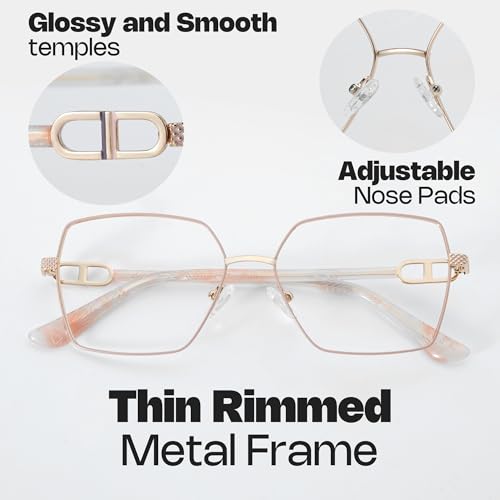 Image of Zeelool Metal Glasses Frame for Women, Oversized Square Eyeglasses Eyewear Frame with Non-prescription Clear Lens & Spring Hinge ZJGM374867-03